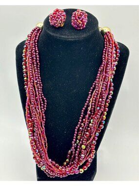 1950s Lucite Acrylic Multi-Strand Necklace Ensemble Faceted Wine Colored Beads